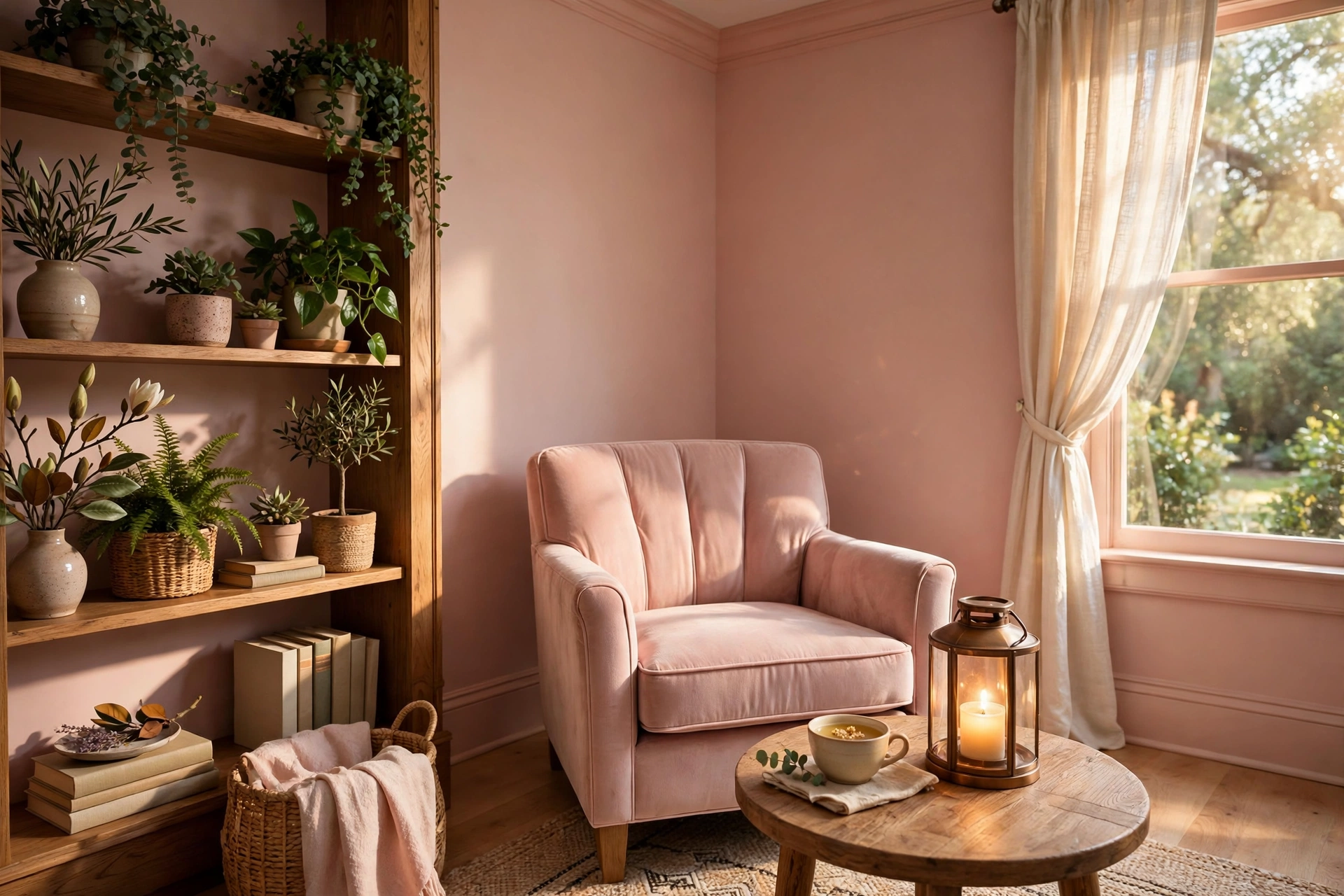 Two beige armchairs surround a stone table with fresh flowers.